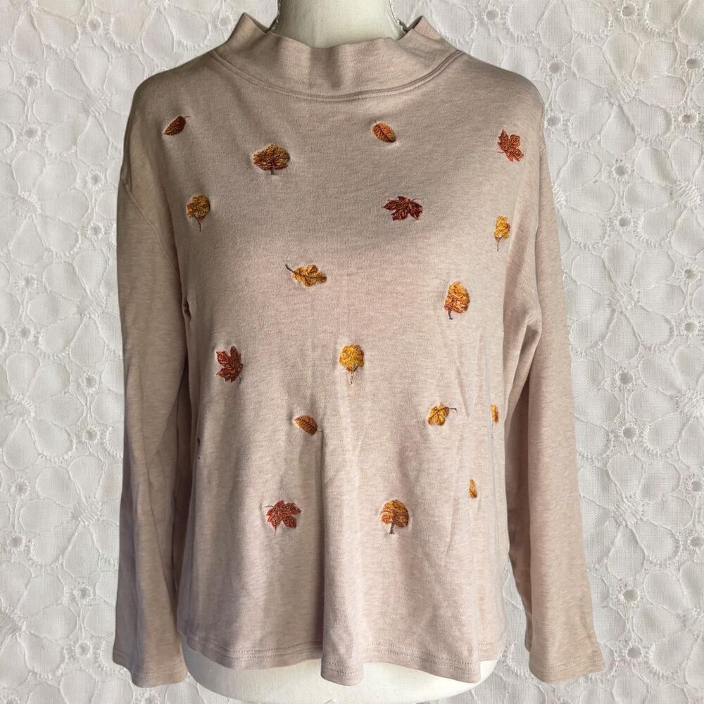 Vintage 90s Studio Works Tan Embroidered Autumn Leaves Long Sleeve Shirt